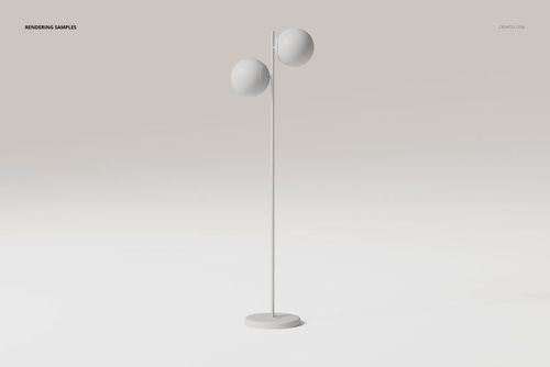 Minimalist double globe floor lamp with two spherical shades on a slim vertical stand, front view on neutral background.