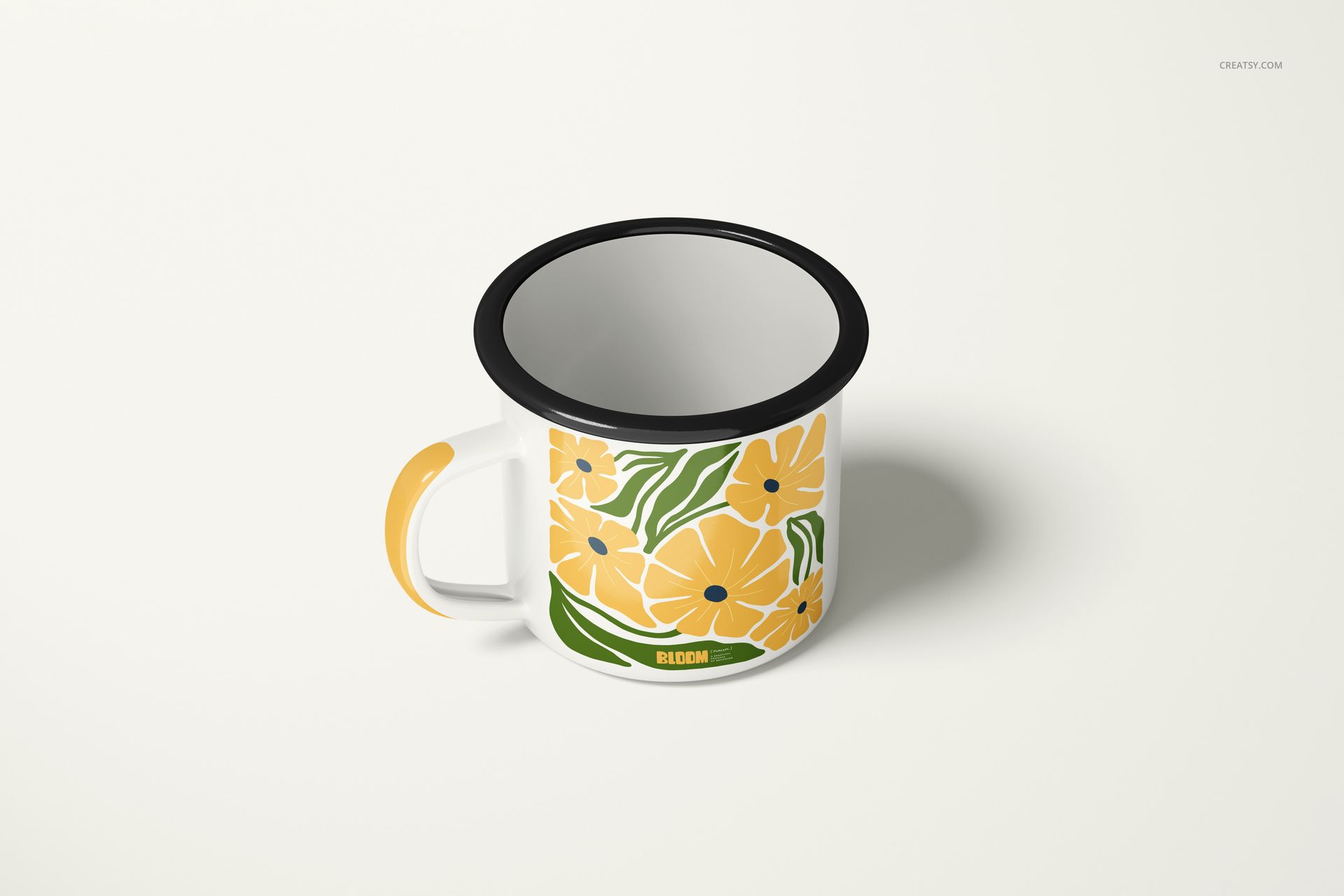 360ml enamel mug mockup featuring a black rim and yellow flower design, displayed on a plain surface.