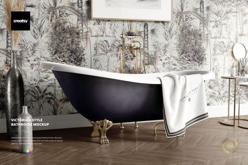 Victorian style bathroom mockup featuring a black clawfoot bathtub, white towel, and botanical wallpaper in a classic interior.
