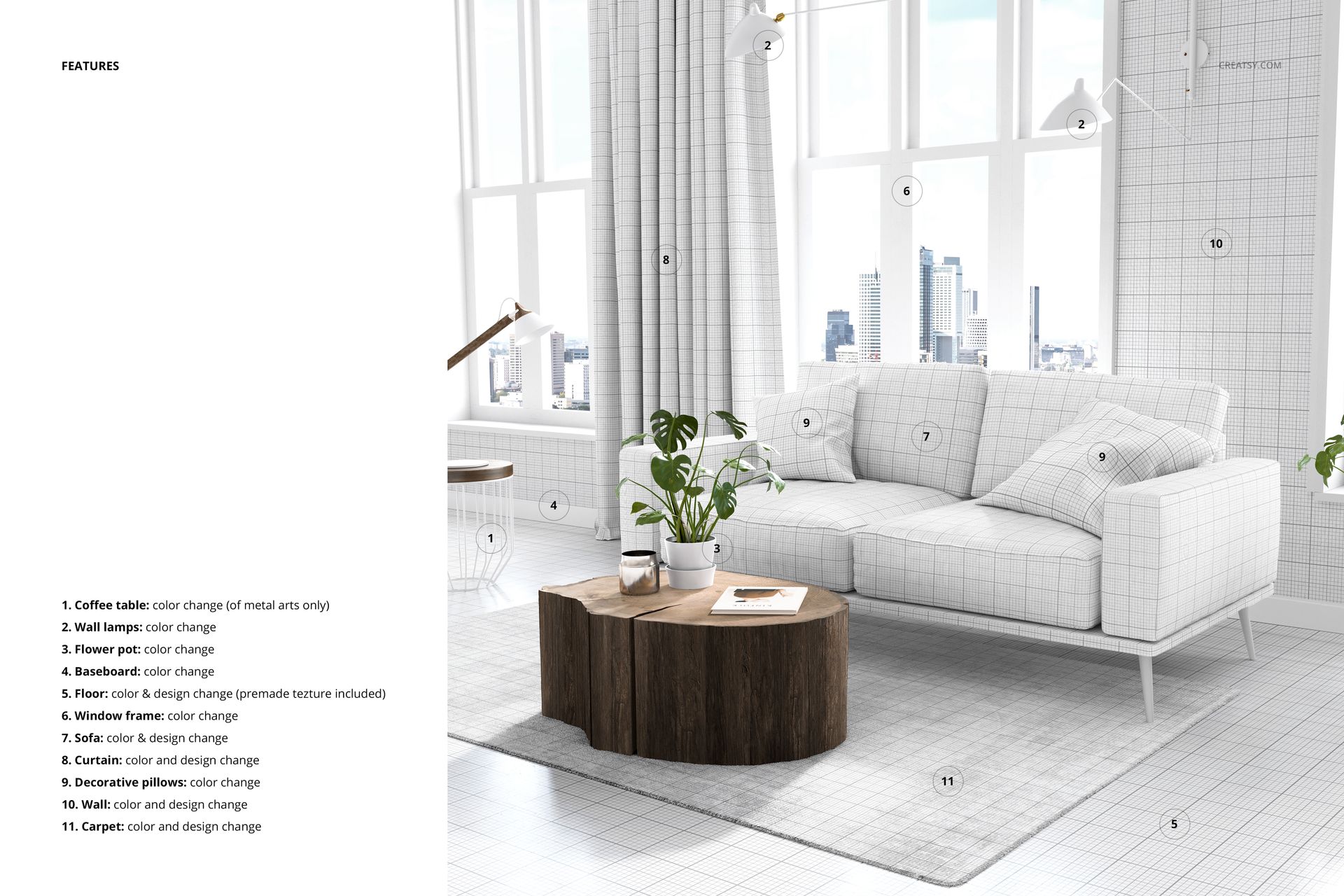 Modern loft living room mockup with a white sofa, wooden coffee tables, potted plant, and large windows with city view.