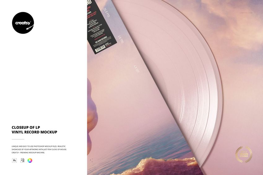 LP vinyl record mockup showing a pastel pink disc emerging from a cover with soft ocean and sky artwork, angled view.
