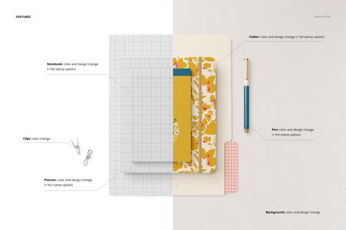 Stationery set mockup featuring a notebook, planner, folder, pen, and clips arranged on a split white and gray background.