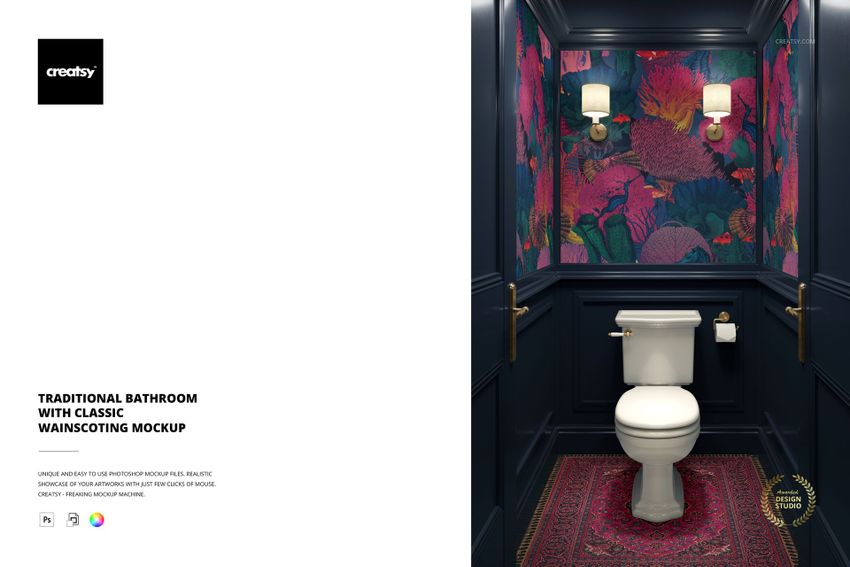 Front view of a traditional bathroom mockup featuring dark blue wainscoting, white toilet, and vibrant floral wallpaper.