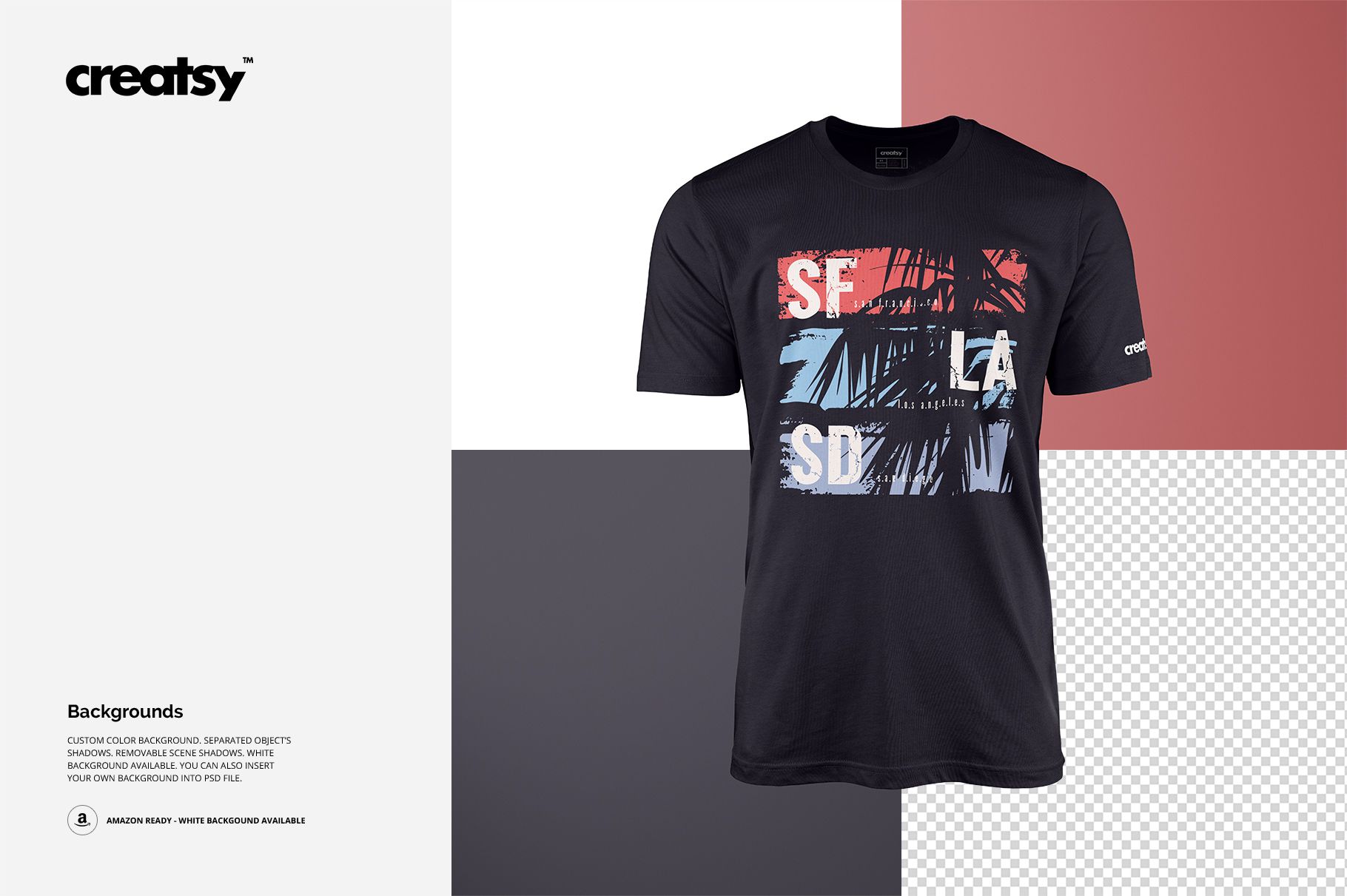 Front view of a men's t-shirt mockup with a black base color, featuring a graphic print and a split background in white, gray, and transparent.