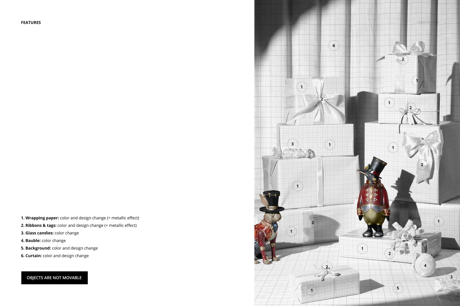 Christmas gift boxes mockup featuring various sizes stacked together, decorated with bows and ribbons, front perspective.