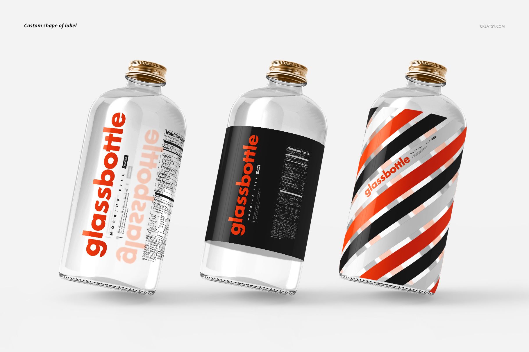 PSD mockup displaying three water bottles in glass, each with unique modern label designs and gold screw tops on a light background.