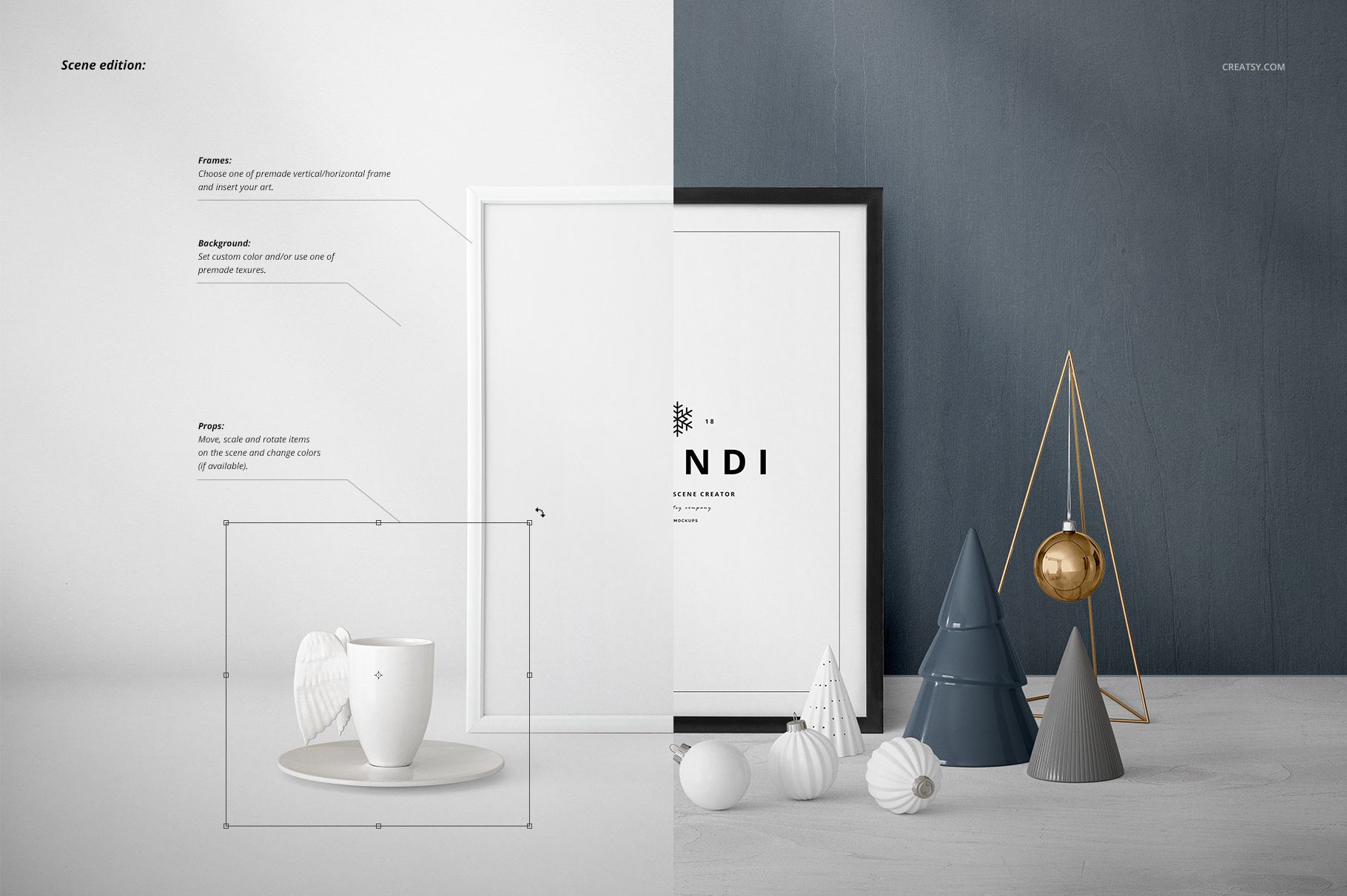 Scandi-style Christmas PSD mockup featuring a cup, framed artwork, baubles, and cone-shaped trees on two-tone backdrop.