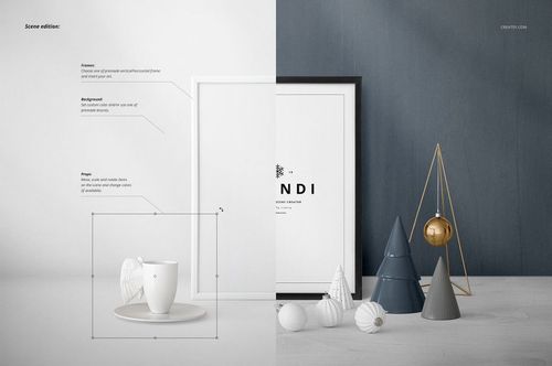 Scandi-style Christmas PSD mockup featuring a cup, framed artwork, baubles, and cone-shaped trees on two-tone backdrop.