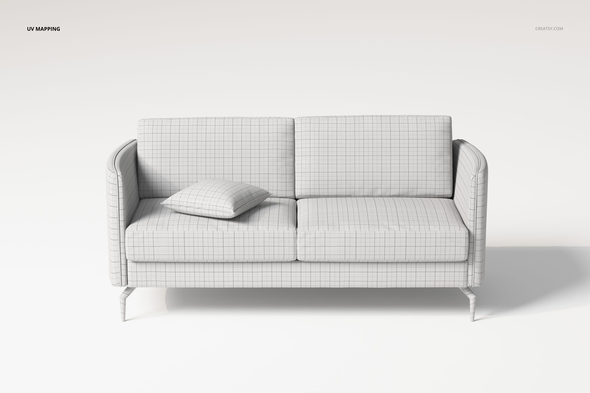 Minimalistic modern sofa 3D model in a front view, featuring a grid pattern texture and a matching cushion.