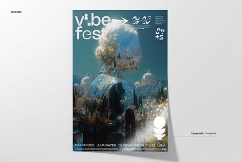 Poster mockup featuring layered imagery of a woman and urban architecture with trees, set against a teal background.