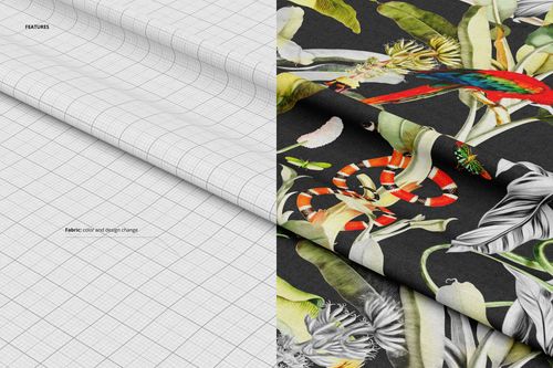 Lying fabric mockup set showing folded textile, left side with grid pattern, right side with colorful jungle design.