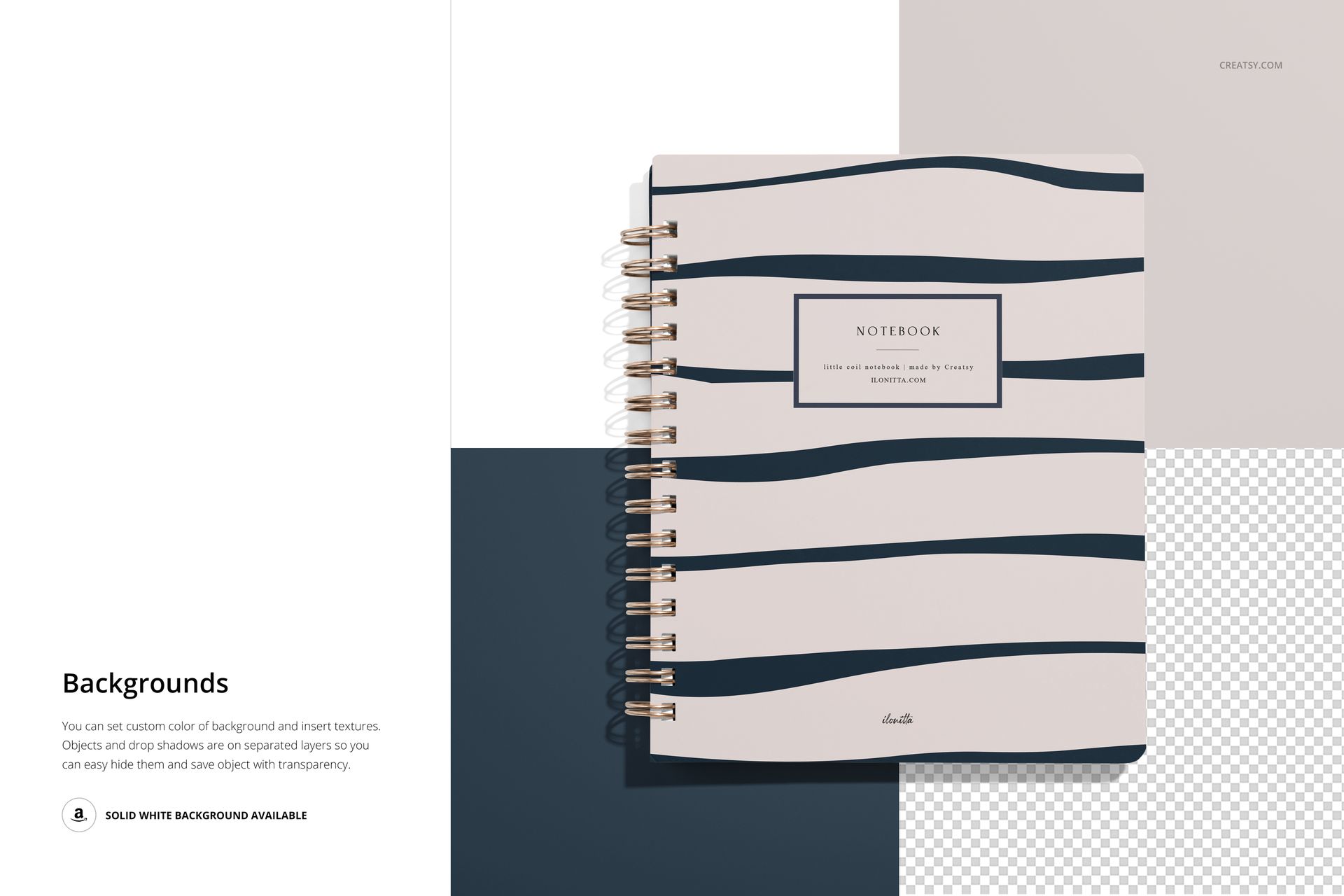 PSD mockup of a little coiled notebook with a minimalist striped cover, displayed on a divided white and transparent background.