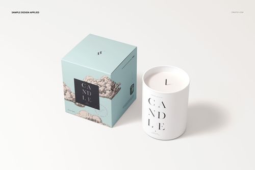 Mockup of a cotton wick candle in a white container with bold lettering beside a blue box with illustrated clouds.