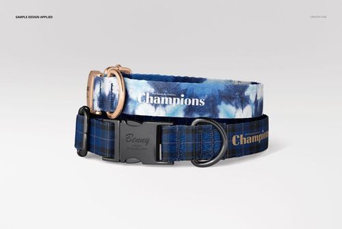 Dog collar mockup featuring a front view of two collars, one with a blue abstract print and one with a plaid pattern.