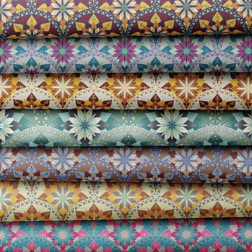 Fabric stack mockup featuring six folded textiles with geometric and floral patterns in earthy and muted tones.