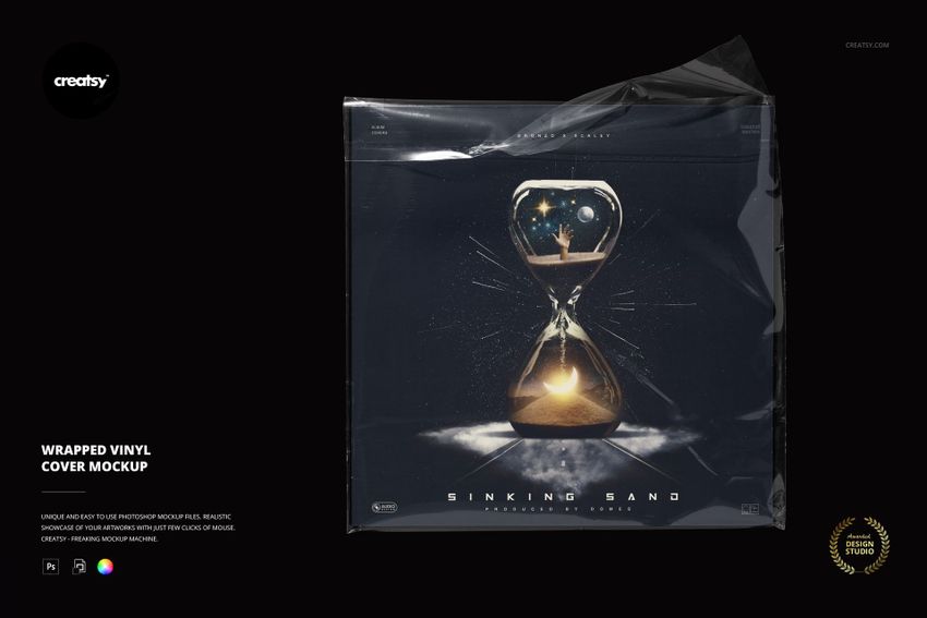 Front view of a wrapped vinyl cover mockup featuring a dark design with an hourglass and sand, set against a black background.