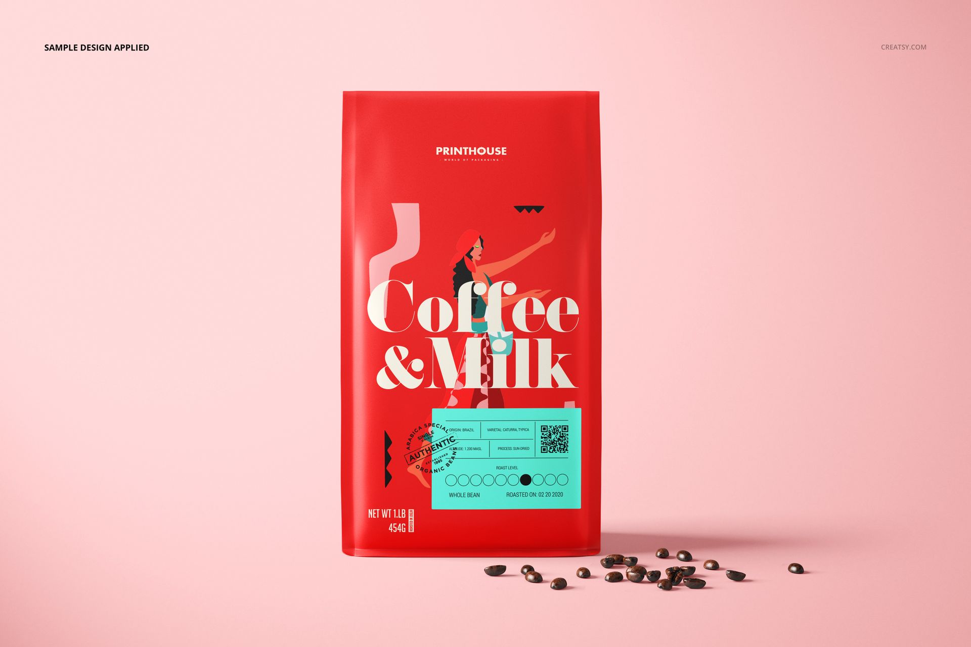 Red side gusset packaging bag mockup standing on a light pink background, featuring bold white text and coffee beans.