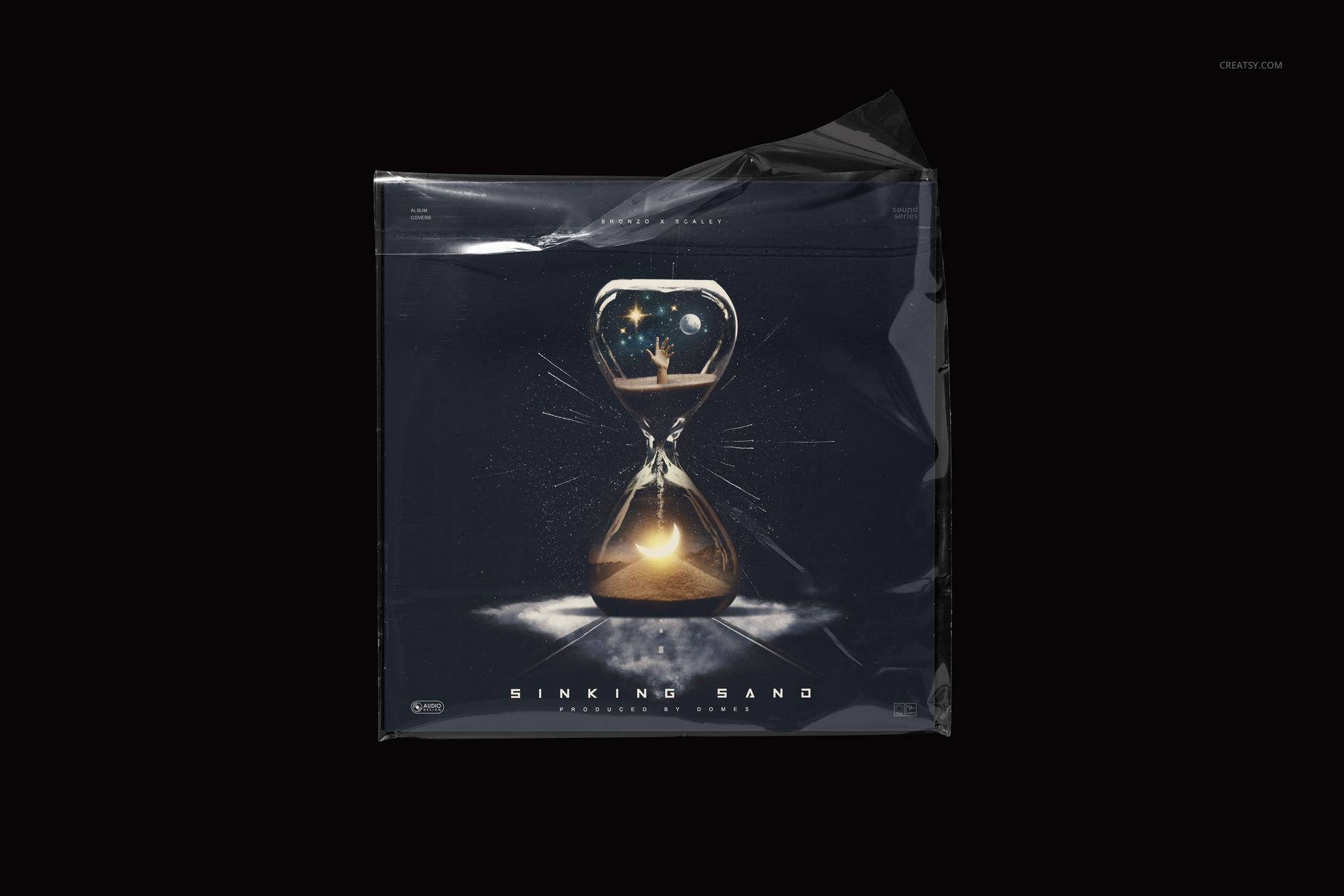 Front view of a black vinyl record mockup in a clear plastic sleeve, featuring an hourglass design on the cover.