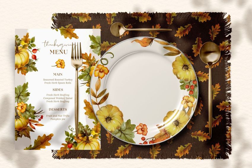 Fringed placemat and plates mockup featuring a fall-themed table setting with gold cutlery, a menu card, and autumn leaf patterns.
