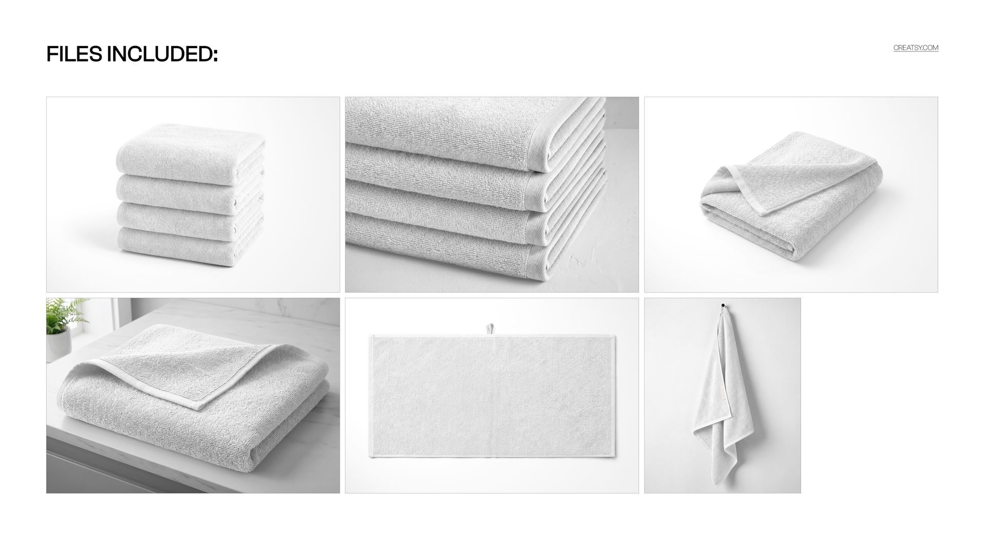 Set of white towels shown folded, stacked, and hanging, with soft texture and neutral background in a mockup scene.