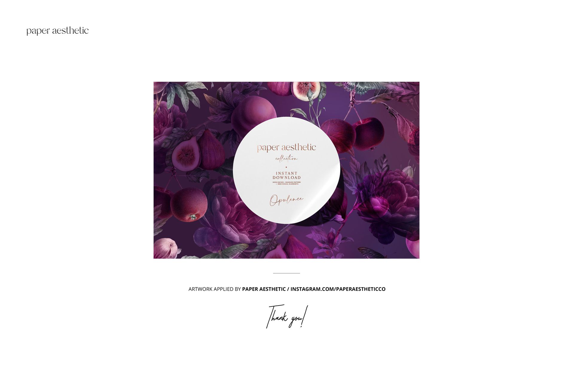 Front view of a non-woven vinyl wallpaper mockup featuring a purple floral and fruit pattern with a round label.