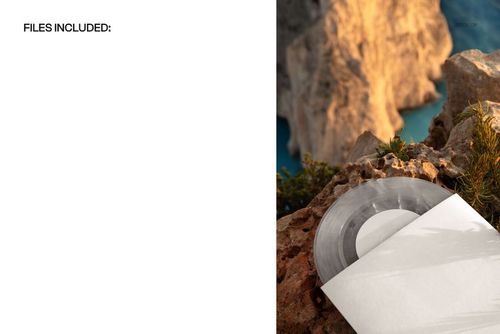 Translucent vinyl record mockup showing a clear record in a white sleeve on rocks, with scenic blue water below.