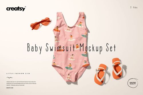 PSD mockup showing a baby swimsuit in pink with illustrated summer motifs, paired with orange flip-flops and heart-shaped sunglasses.