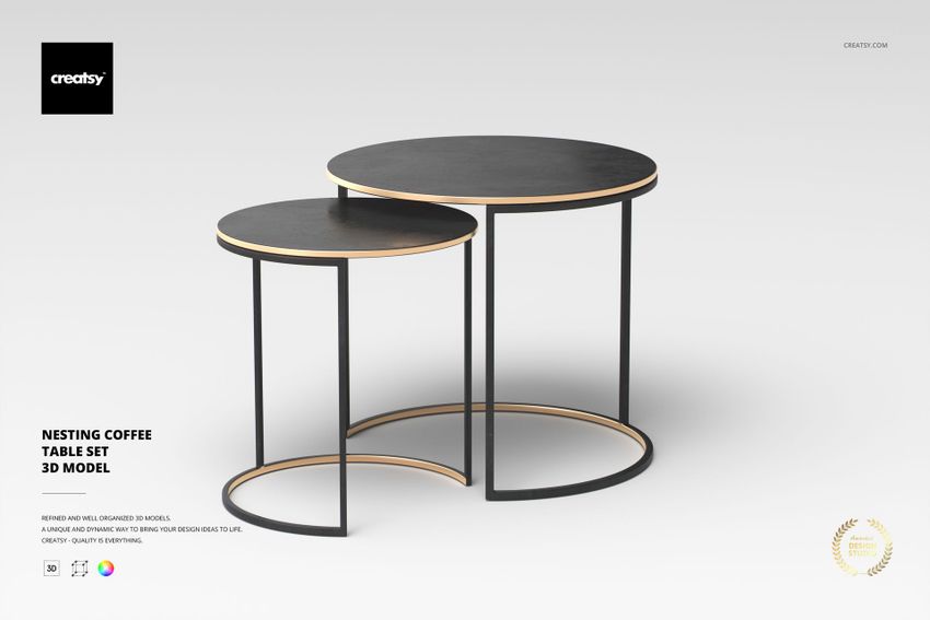 Set of two round nesting coffee tables with black tabletops and thin metal frames, shown on a plain background.