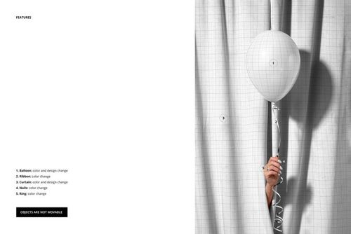 PSD mockup showing a single party balloon held by a hand, with a soft velvet curtain as the backdrop.