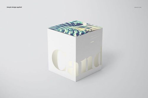 Square candle box mockup with white sides and a colorful abstract pattern on the top, shown on a light background.
