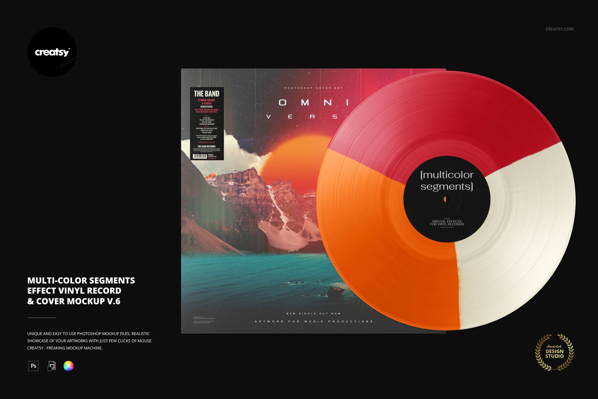 PSD mockup showing a vinyl record with bold color segments resting on a cover with a fantasy mountain and lake scene.