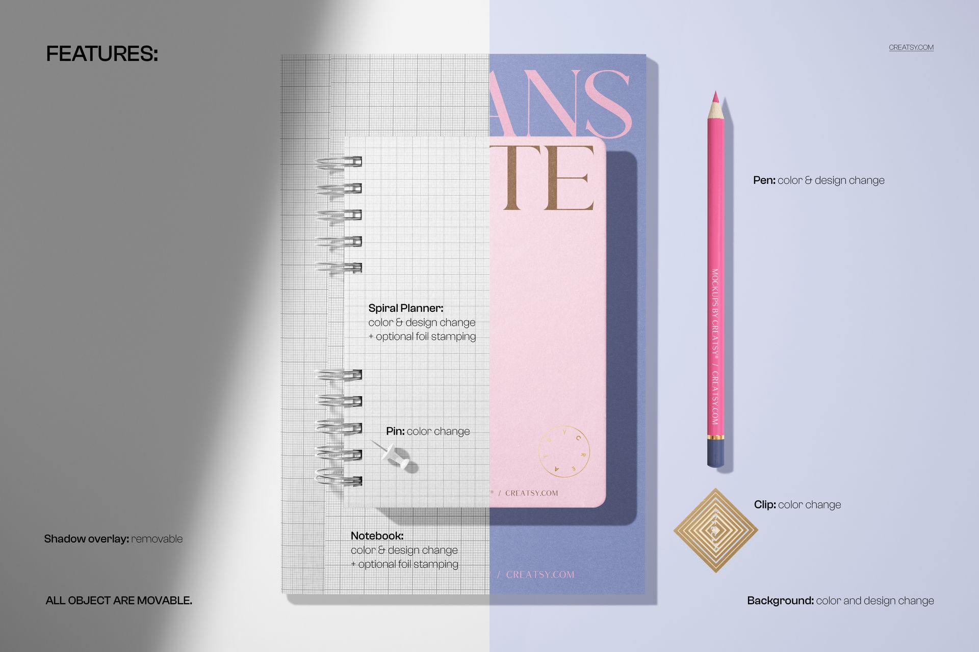 Stationery set mockup showing a spiral planner, notebook, pink pencil, and gold clip on a split background.