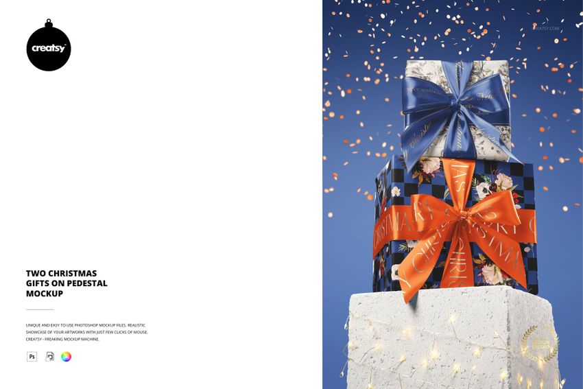PSD mockup showing two wrapped holiday gifts with floral and checkered patterns, set on a pedestal, blue festive backdrop.