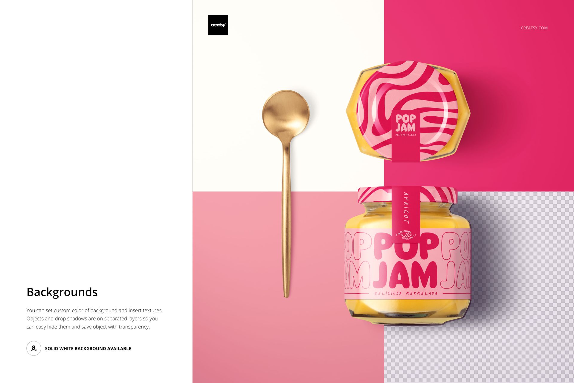PSD mockup featuring a mango jam jar with a wavy pink and yellow design, displayed beside a gold spoon on a two-tone backdrop.