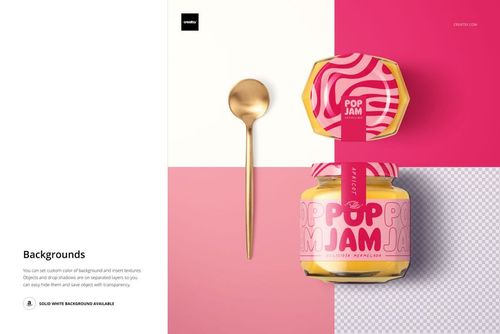 PSD mockup featuring a mango jam jar with a wavy pink and yellow design, displayed beside a gold spoon on a two-tone backdrop.
