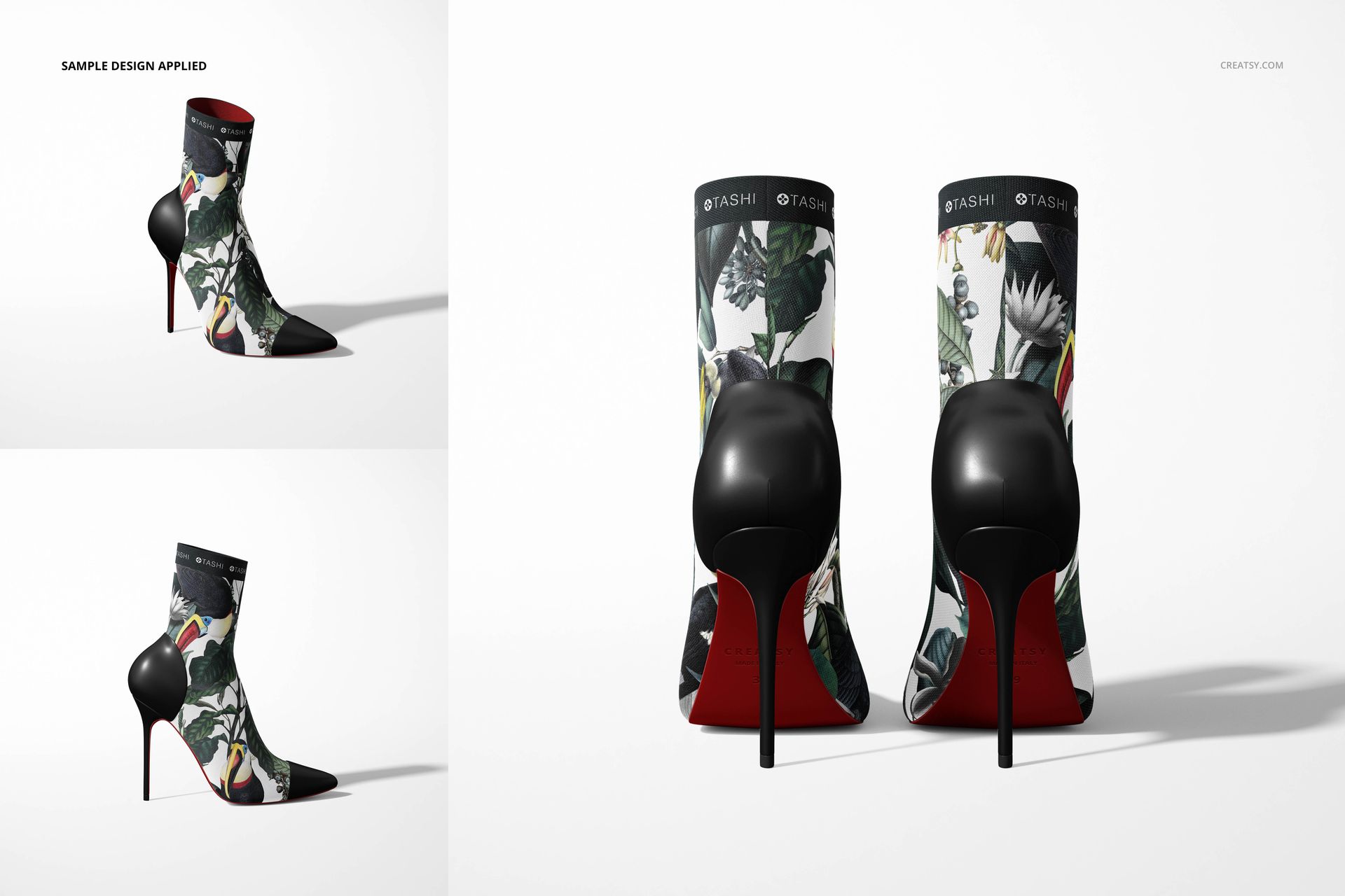 Fabric ankle boots with high heels featuring a botanical pattern, shown in a PSD mockup with front and rear views.