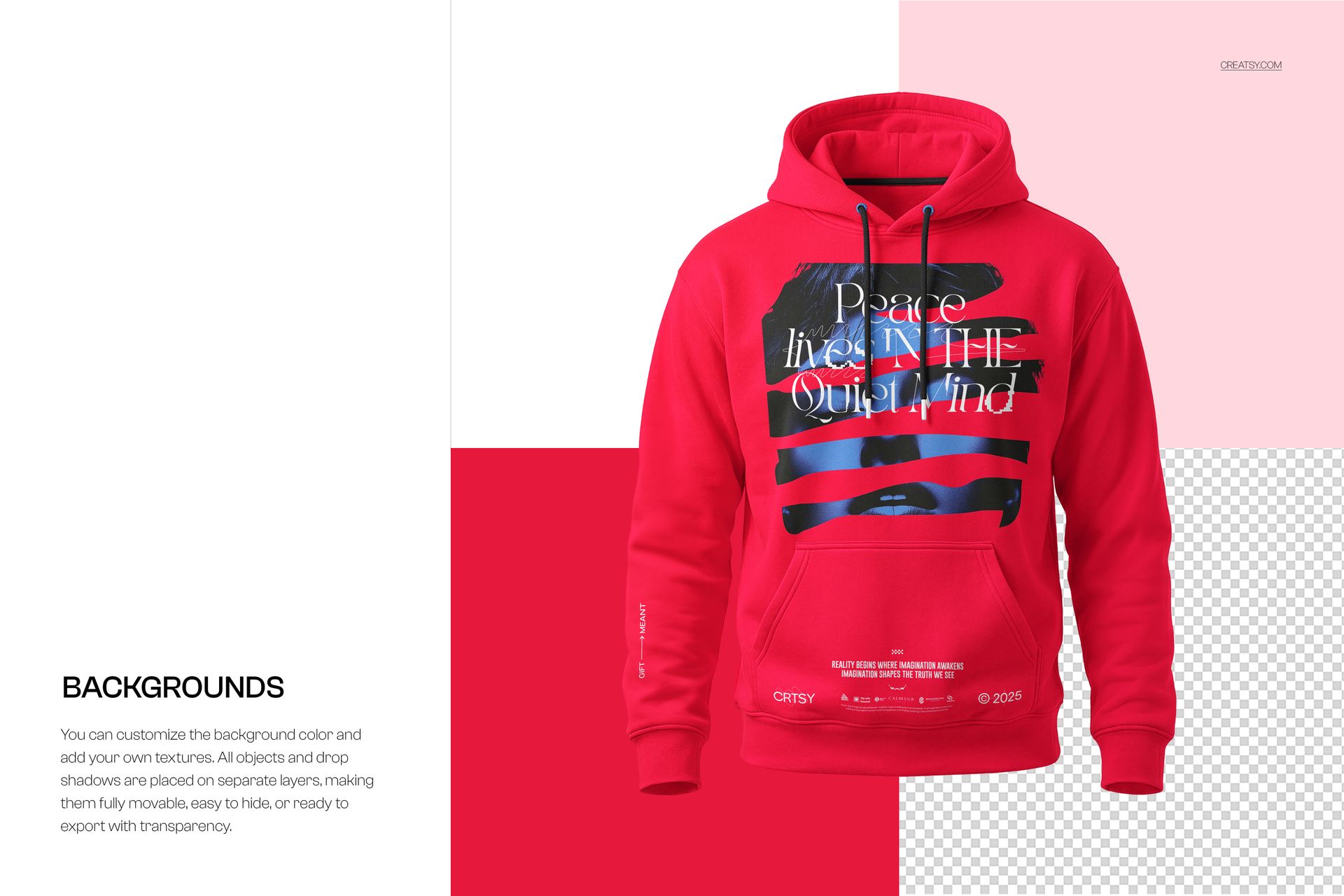 Front view of a men's hoodie mockup in vibrant red, featuring a graphic print and customizable backgrounds.