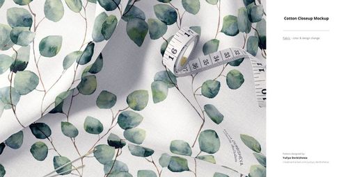 Detailed cotton fabric mockup featuring watercolor-style green leaves, measuring tape draped across the textile.