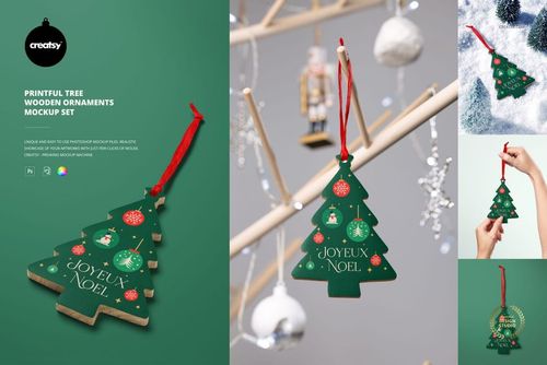 Christmas tree-shaped wooden ornament with green background, festive illustrations, and red hanging string shown in mockup.
