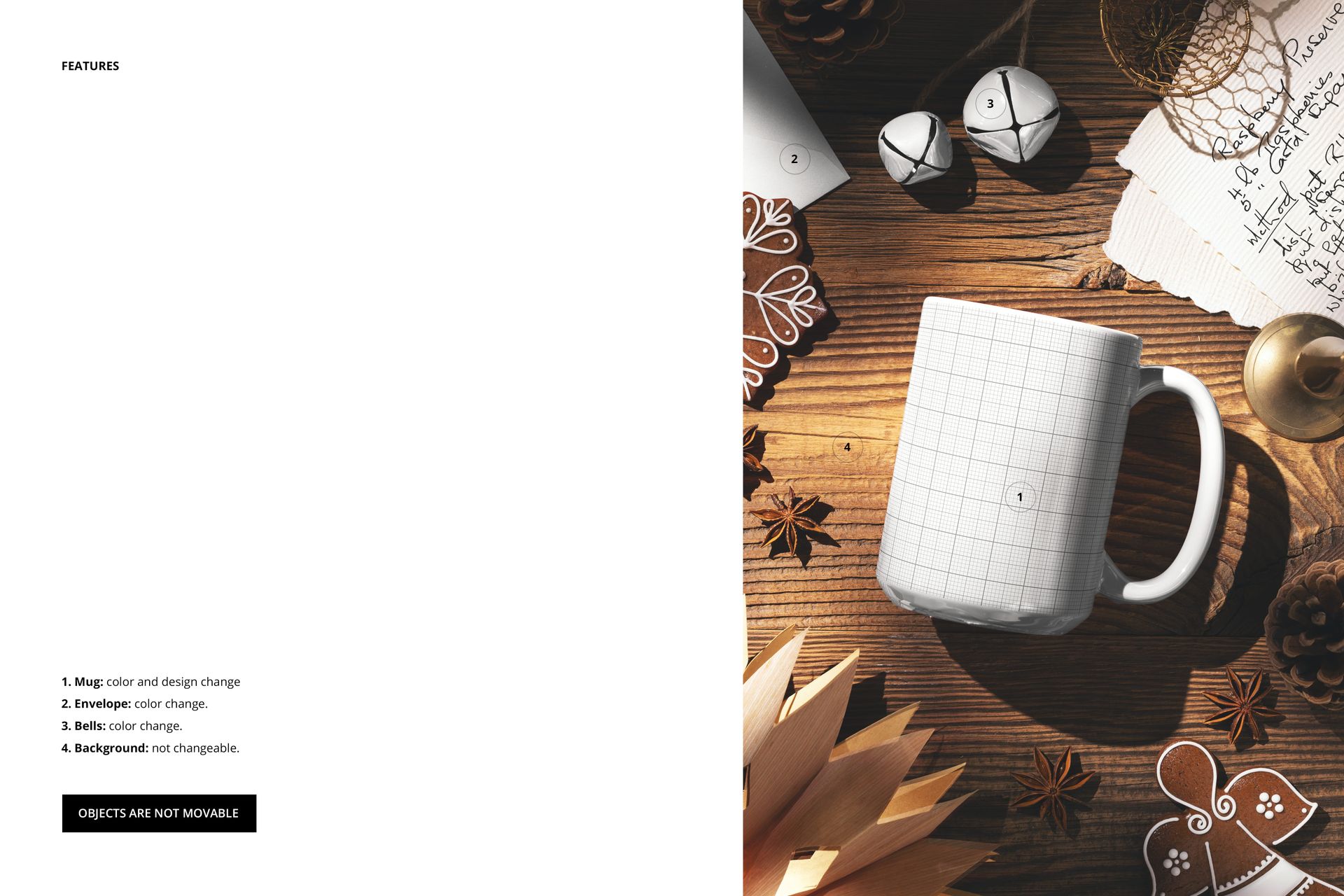 White 15 oz mug mockup with grid pattern on a rustic wooden table, surrounded by Christmas decorations and pinecones.