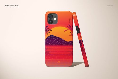 iPhone 12 glossy snap case mockup showing geometric sunset artwork with palm trees and mountains in orange and purple tones.