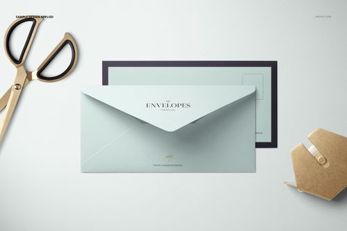 DL envelope mockup set featuring a pale blue envelope with flap closed, shown from above on a light surface.