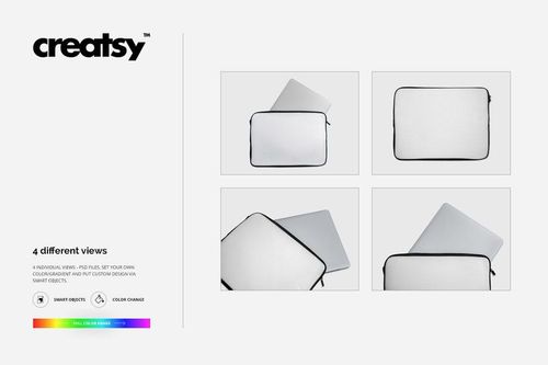 Laptop sleeve mockup set showing four views, each with a plain white sleeve and black trim on a neutral background.