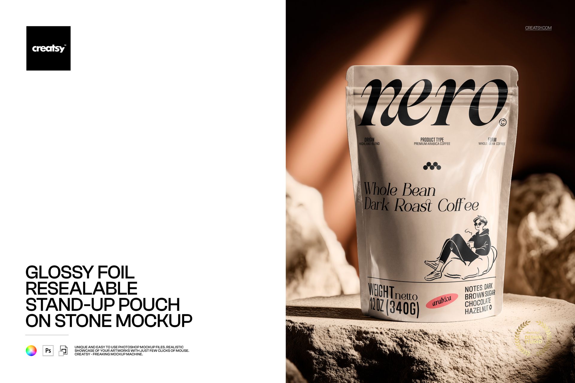 Premium PSD mockup showing a glossy foil food packaging pouch standing on a natural stone surface with soft highlights.