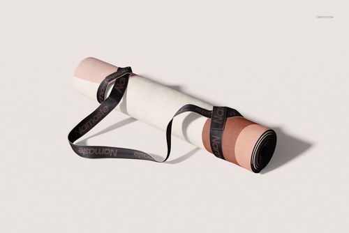 Microfiber suede yoga mat mockup featuring a rolled mat with pastel color sections and a black carrying strap.