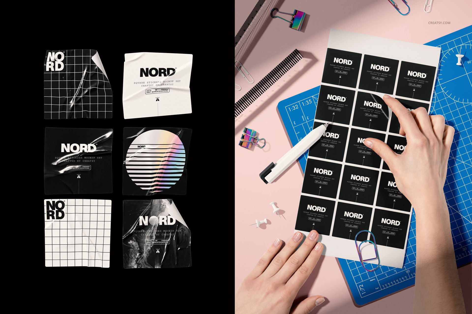 Square stickers with black and white geometric designs displayed in a grid and being peeled on a pink workspace.