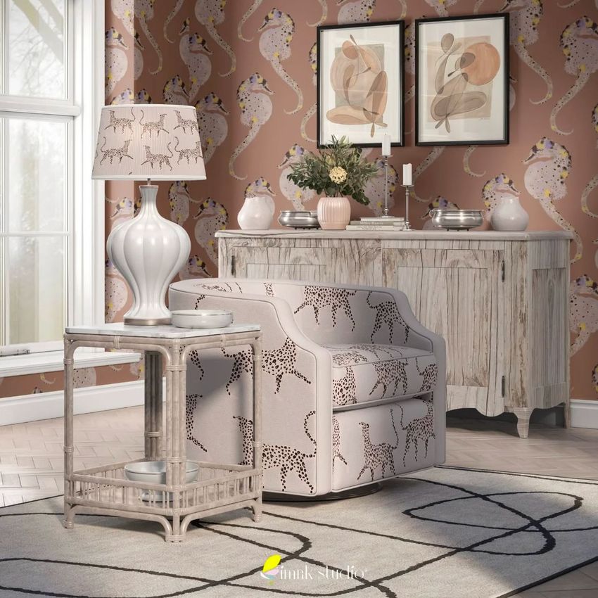 Living room wallpaper mockup featuring a patterned armchair, side table with lamp, and rustic cabinet against a paisley wall.