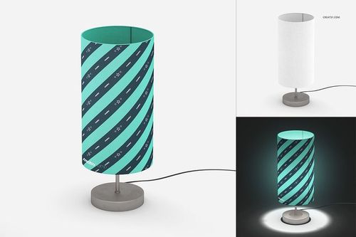 Lampshade mockup featuring a vertical cylinder shape, teal and navy pattern, and glowing base on white background.