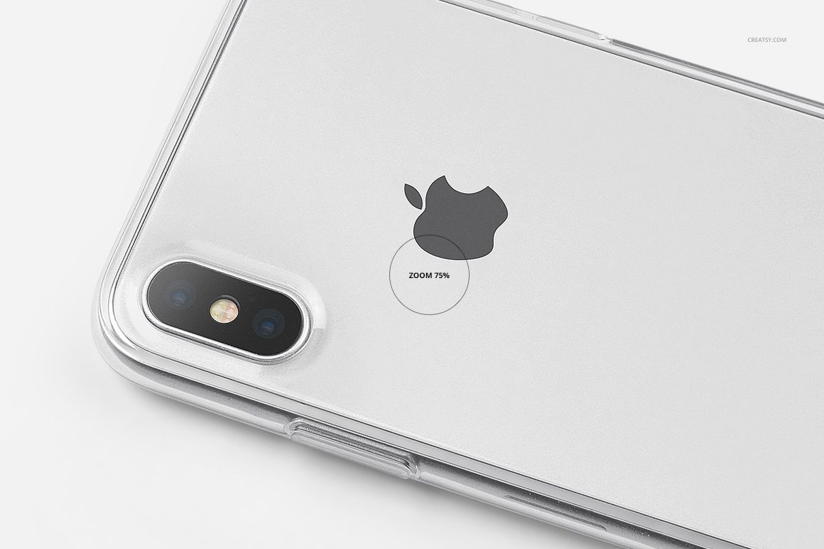 PSD mockup of a silver iPhone X featuring a clear protective case, viewed closely from the back on a white background.