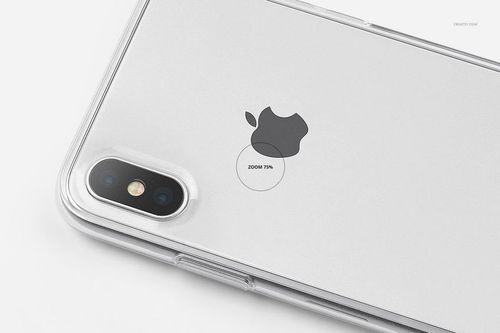 PSD mockup of a silver iPhone X featuring a clear protective case, viewed closely from the back on a white background.